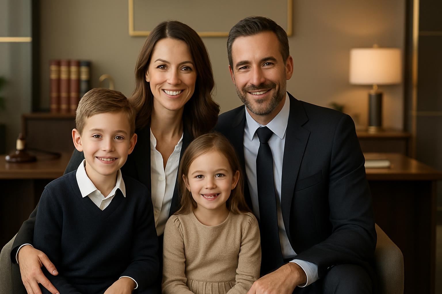 Família feliz em consultoria jurídica
